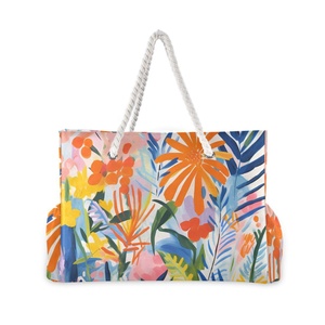 Custom Tropical Flower Waterproof Durable Zipper Pocket <b>Large</b> Capacity <b>Beach</b> Hand <b>Bag</b> With Rope Handles - Product Image 1