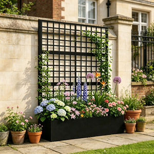 Black Rectangular Heavy Duty Metal Raised Garden Bed 2-in-1 Customizable Lattice <b>Trellis</b> & Privacy Screen Plant Box for Garden - Product Image 1