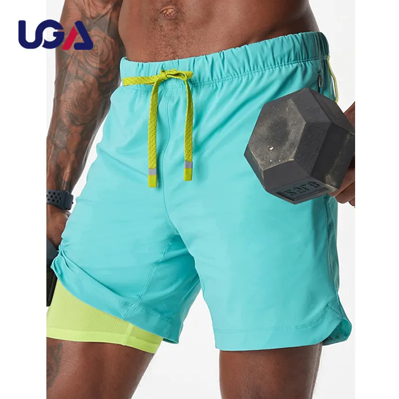 Men Sweat Compression 2 In 1 Nylon Fitness Pocket Short Gym Workout Sports Running Men's Shorts