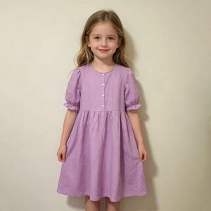 Abito per Bambine in Cotone e Lino Tinta Unita con Maniche Corte e Polsini Arricciati - Product Image 4