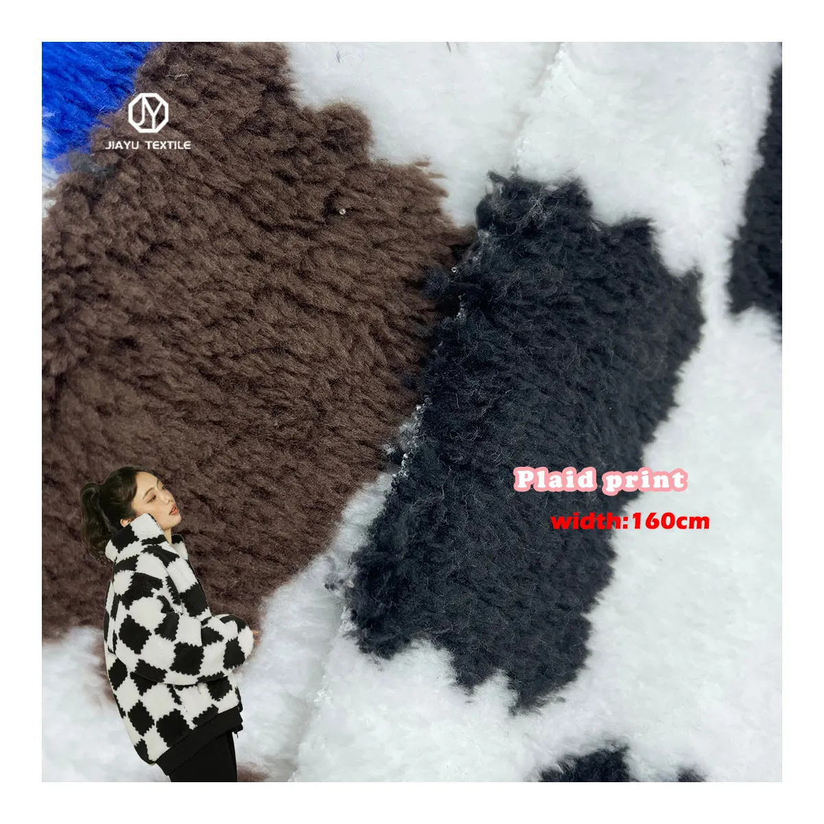 Comfortable Custom Yarn Yarn Plaid Double Sided Coral Fleece Printed Polyester Faux Fur Sherpa Fabric Coat Women