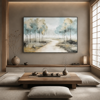 Peinture à l'huile de paysage peinte à la main de style impressionniste, sentier en forêt brumeuse avec arbres turquoise, impression d'art mural