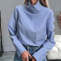 Blus Wanita Kasual Elegan Model Longgar Kancing Atas Kerah Tinggi Motif Garis Vertikal Biru Putih