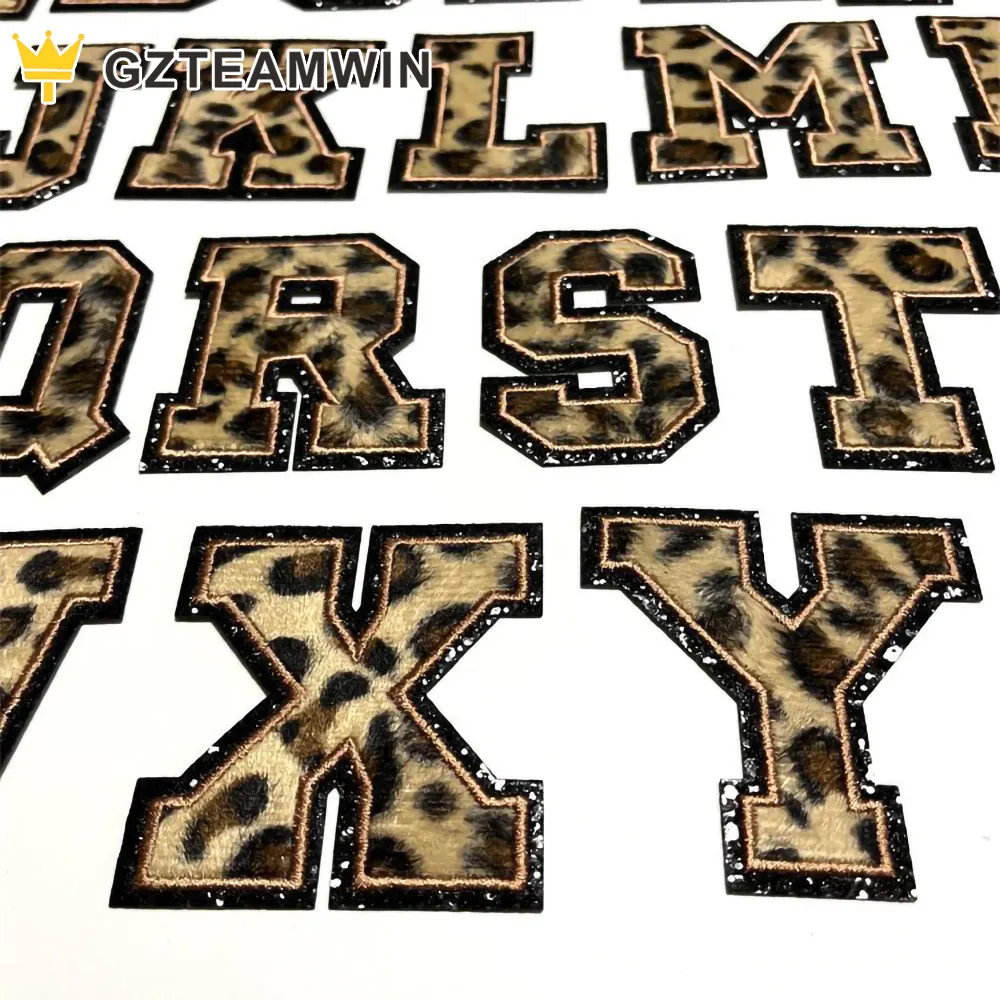 Wholesale Furry Iron On Patches Letters Leopard Print Sticker Embroidery Applique High Quality Embroidery Trim Chenille Patch