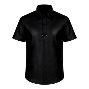 Men's <b>Black</b> leather Short Sleeve <b>Dress</b> Shirt With <b>Button</b> Down Collar And Ring Detail Gothic Style Summer Wear - Product Image 1