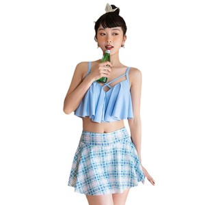 ชุดว่ายน้ำสองชิ้นลายสก็อตสีน้ำเงิน กระโปรงครอปท็อปแบบไขว้ สายคล้องคอ สำหรับผู้หญิง ชุดชายหาดฤดูร้อน - Product Image 5