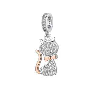 Bán Buôn 925 Sterling Silver Bạc Zircon Paved Charms Hạt Cho Con Rắn Vòng Đeo Tay Thời Trang Tự Làm Đồ Trang Sức Mèo Mặt Dây Chuyền Charms