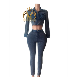 Bộ đồ nữ chất lượng cao gồm áo khoác denim phối màu acid ngắn và quần dài, phong cách Y2K, bộ hai mảnh mùa thu đông - Product Image 5