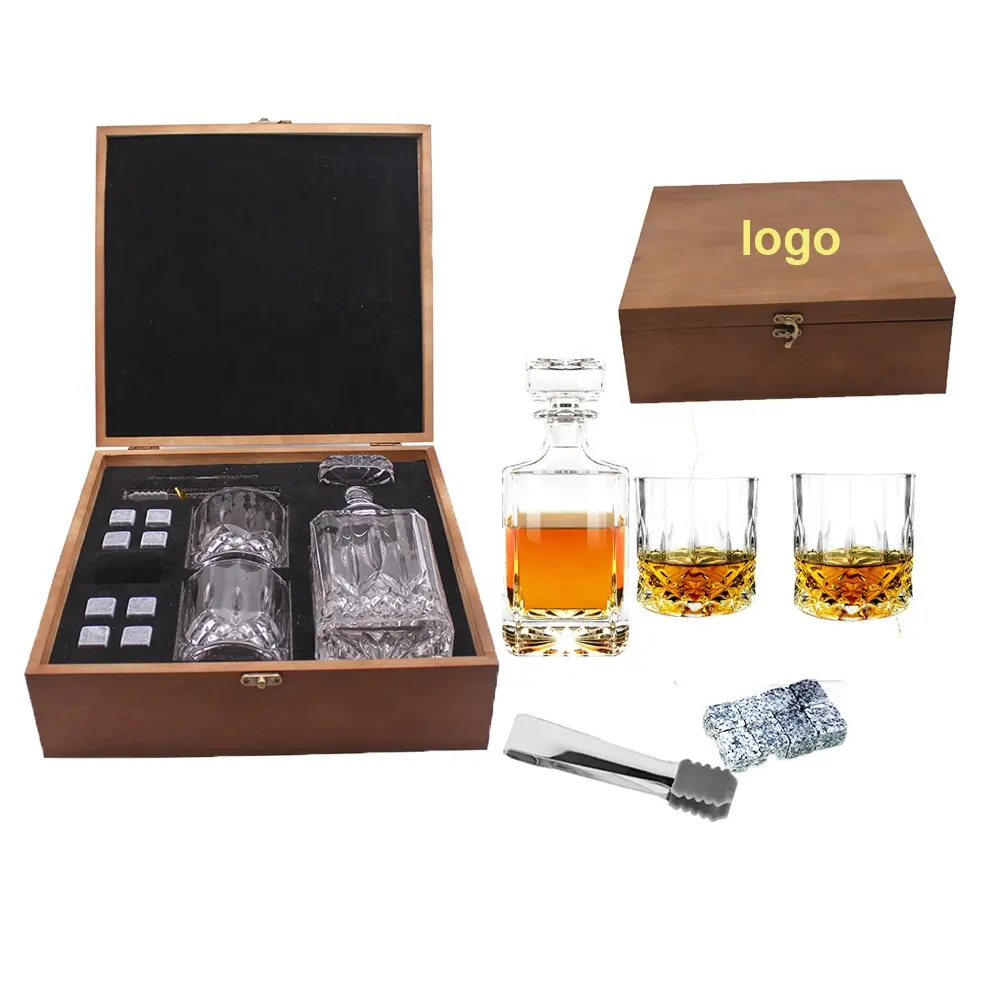 Most Popular Manufacturer Customized Logo Whiskey Decanter Glasses Set With Wooden Box for Birthday Gift