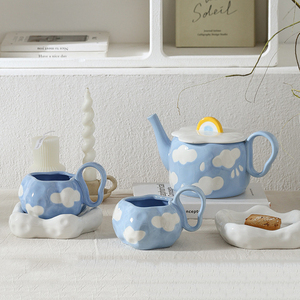 Cute cloud design ceramic teapot irregular coffee <b>cup</b> and <b>saucer</b> set hand painted porcelain tea set for women - Product Image 1