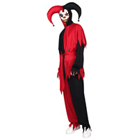 Costume de bouffon maléfique bicolore pour homme avec capuche à cornes, tenue de clown effrayant pour Halloween, maison hantée, cosplay