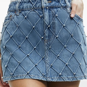 Professional Service Spring Summer New <b>Jeans</b> Skirt for Women Retro <b>Button</b> Pocket Zipper Crystal Pearls Lady Mini Skirts - Product Image 4