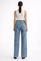Celana Jeans Wanita High Waist Wide Leg Custom OEM, Celana Denim Motif Grafiti Streetwear Desainer, Celana Panjang Kasual Longgar