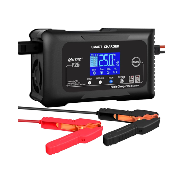 25Amp Lithium LiFePO4 Lead-Acid AGM/Gel/SLA Car Smart Battery Charger Maintainer Deep Cycle Charger 12V/25A 24V/13A Motorcy Lawn