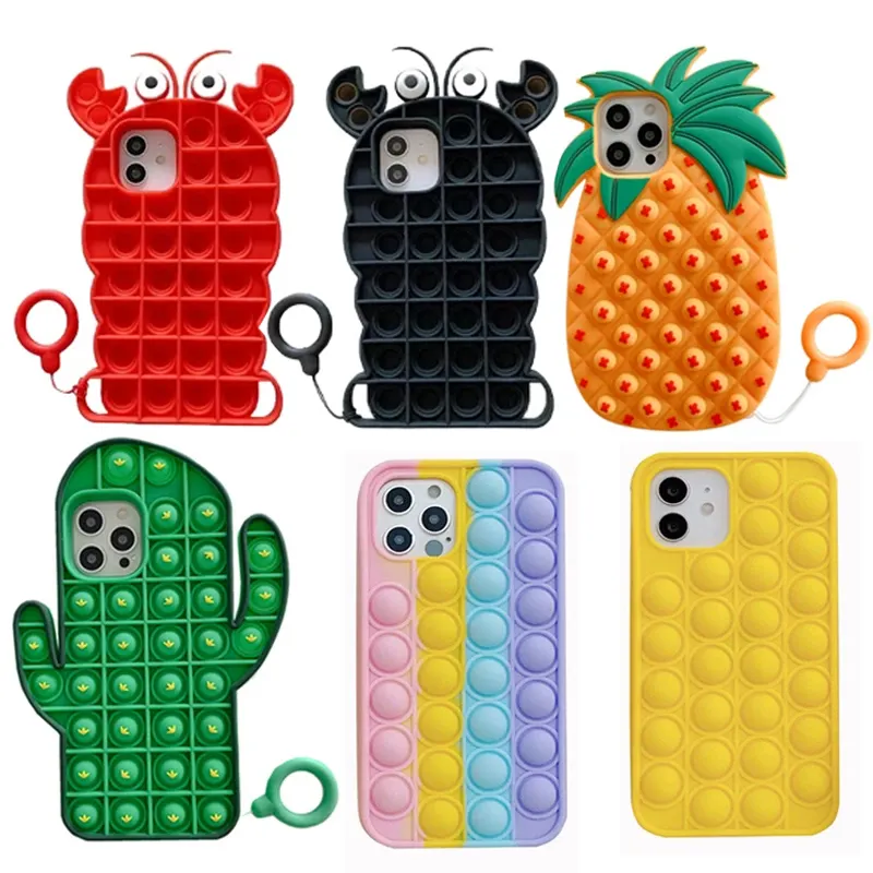 Fidget Sensory Toy Pop It Protective Cover Phone Case Cartoon Silicone Phones Cases Pop Its For iphone 11/12 Series Huawei