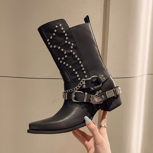 Femmes Noir Punk Style pour Martin Bottes Col En V <span class=keywords><strong>Chelsea</strong></span> Jambe Bottes Clouté Bout Pointu Solide Western Cowboy Hiver Automne Printemps - Product Image 5