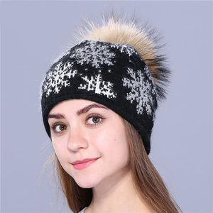 Custom Beanie Real Fur Pompom Jacquard Pattern Angora Knit Beanies With Fur Pompom Skull Women <strong>Winter</strong> Knitted Hats - Product Image 6
