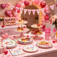 Fournitures de fête pour la Saint-Valentin en gros, vaisselle jetable sur le thème des cœurs colorés, assiettes en papier, gobelets, serviettes, décorations