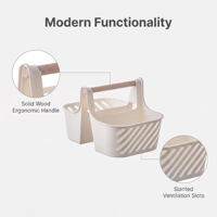 Panier pratique en plastique WONFUN avec poignée en bois, double panier pour le rangement de la salle de bain, organisation écologique, multifonctionnel