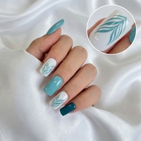 Faux ongles à presser bleu sarcelle, longs, carrés, motif feuille, blancs, étiquette privée, vente en gros