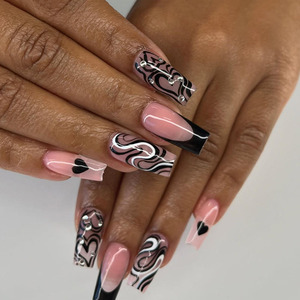 Appuyez sur les ongles en gros 24 pièces moyen carré <span class=keywords><strong>faux</strong></span> ongles <span class=keywords><strong>motif</strong></span> de coeur artificiel strass conceptions français <span class=keywords><strong>faux</strong></span> ongles Art - Product Image 2