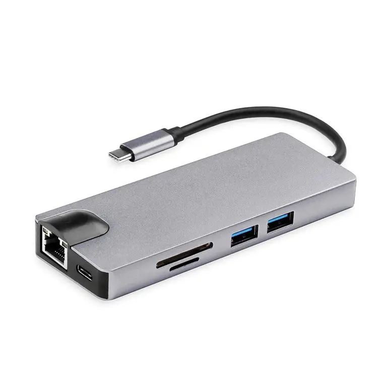 متعدد المنافذ 8 في 1 من النوع C إلى Hd-mi + VGA + منفذ LAN + 2 * USB 3.0 + بطاقة SD / TF + منفذ صوت + محول كابل USB-C Hub
