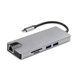 8 In 1 Multiport Type C To Hd-mi + VGA + LAN Port + 2*USB 3.0 + SD/TF Card + Audio Port + USB-C Hub Cable Adapter