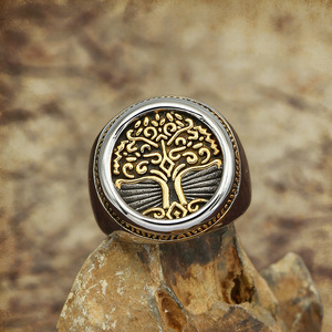 Nordic Tree Of Life <b>Ring</b> Stainless Steel Vintage Two Tone Embossed Unisex Punk Jewelry Gift - Product Image 4
