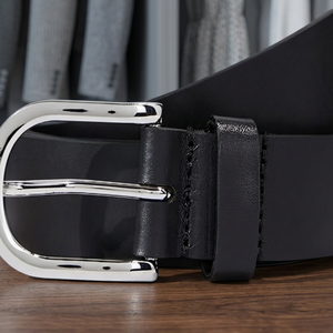 Ceinture en cuir de vachette noir formel avec boucle à ardillon argentée, design solide et durable pour hommes et femmes - Product Image 2