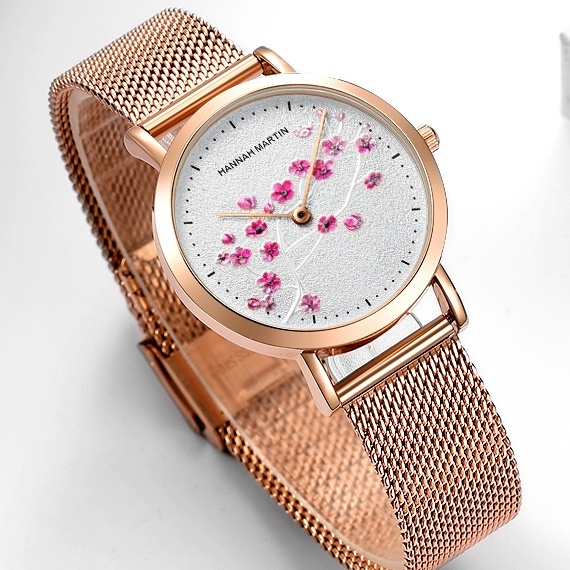Hannah Martin Ladies Watch Custom Luxury Stainless Steel Mesh Band Flower Dial Engraved Quartz Women's Elegant Quartz Watch