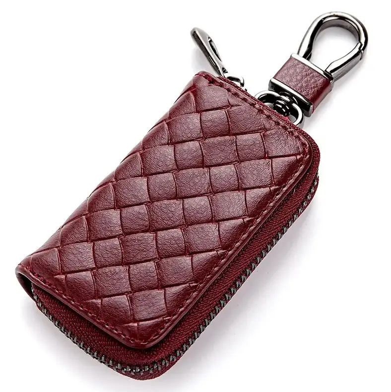 Durable Genuine Leather Braided Unisex Zipper Keys Organizer Waist Leather Keys Bag