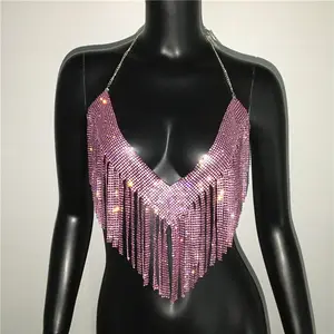 Women Fashion Streetwear Outfits Lovers Gift Bra Carnival Party Flash Rhinestone Camisole Sexy Metal Tassel Mini Halter Top