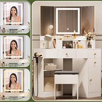 Bureau de maquillage d'angle avec station de charge, miroir et tabouret de rangement, table de maquillage avec tiroirs, étagères rotatives, blanc