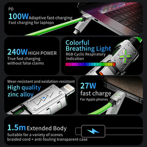 Câble de données 4-en-1 240W avec chargeur super rapide, 1,5 m, vert, avec interface en alliage de zinc et lumière respirante - Product Image 3