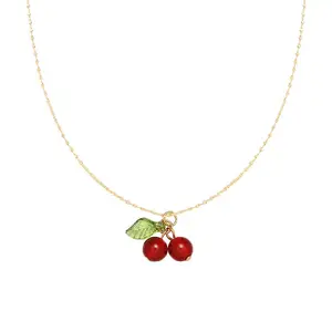 Hot Selling Good Price Jewelry 18k Real Gold Plated Choker Cute Flower Red Cherry Leaves Pendant Necklace For Women