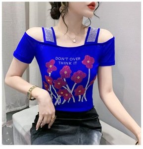 女性のバラフローラルプリントラインストーンシャイニースパンコールロック服ブラウスTシャツトップスナイトクラブ半袖シャツパーティーTシャツ - Product Image 4