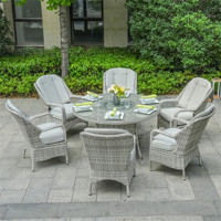 Ensemble de salle à manger d'extérieur en rotin imperméable, chaise de jardin en osier avec table ronde, patio, 6 chaises de salle à manger en osier à dossier haut avec table