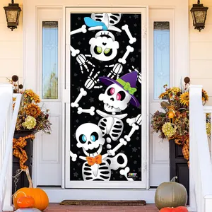 帕福3D设计可爱骨架家庭门套30 x 72英寸万圣节派对门窗墙套装饰贴纸