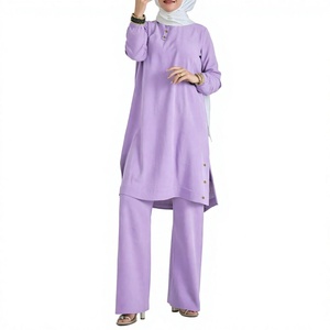 Abaya en coton violet pour femme, robe modeste à manches longues, ourlet asymétrique, coupe ample, col rond, couleur unie, tenue quotidienne, vêtement musulman - Product Image 3