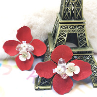 Boucles d'oreilles créoles en forme de fleur artificielle rouge, cadeau pour femme, plaqué or, bijoux tendance
