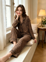 Pyjama décontracté et élégant en polyester à imprimé léopard, taille élastique, manches longues, pour femme, collection Printemps-Automne