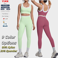 Ensemble de leggings et soutien-gorge de sport pour femmes, color block, 80 % nylon, 20 % élasthanne, taille haute, yoga, fitness, entraînement, tenue deux pièces