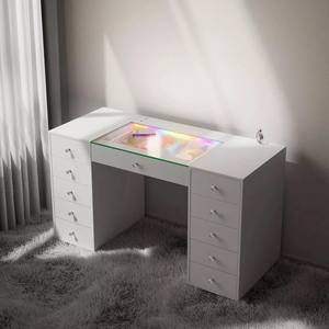 Coiffeuse avec prise de courant et miroir éclairé, bureau de coiffeuse avec 11 tiroirs, plateau en verre, lumières d'ambiance RVB réglables pour la chambre à coucher - Product Image 2