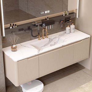 Mobile bagno a parete scanalato color caffè in PVC con certificazione CE europea, curvato a caldo, integrato, con specchio e lavabo, per progetti villa - Product Image 4