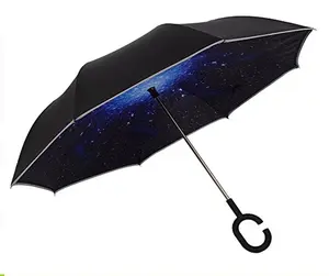 Paraguas invertido de doble capa inverso de tela Pongee marco de fibra de 23 pulgadas, paraguas reversible al revés personalizado