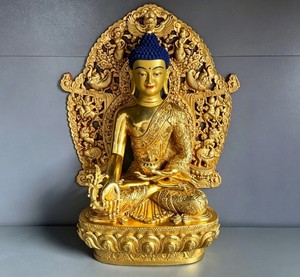 Statue <span class=keywords><strong>de</strong></span> <span class=keywords><strong>Bouddha</strong></span> <span class=keywords><strong>de</strong></span> la Guérison en laiton doré, style tibétain, statue <span class=keywords><strong>de</strong></span> Bhaisajyaguru avec plaque dorsale - Product Image 3