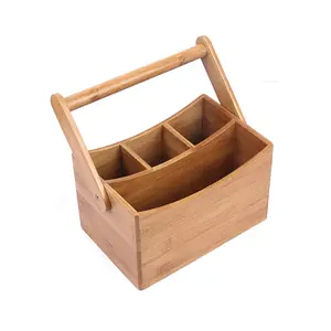 China customized high quality bamboo flatware caddy with folding handle bamboo serving storage flatware organizer compartments
