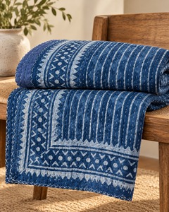 Elegante Tela de Algodón Azul Índigo Hecha a Mano con Estampado Tradicional Indio, Rayas Artísticas y Bordes Geométricos Decorativos - Product Image 3