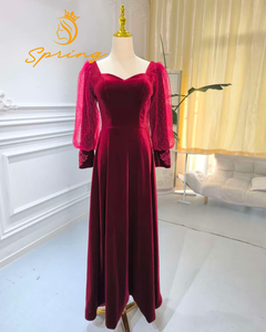 S1591N New High-Quality Hot-Selling Burgundy Velvet Long-Sleeved Wedding Banquet Long Bridal Mermaid Women Evening Dress - Product Image 1
