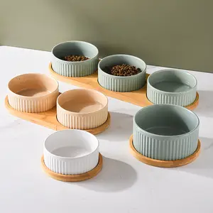 Manufacturer Wholesale Vertical Grain Ceramic Wooden Frame Pet Cat Dog Food Bowl